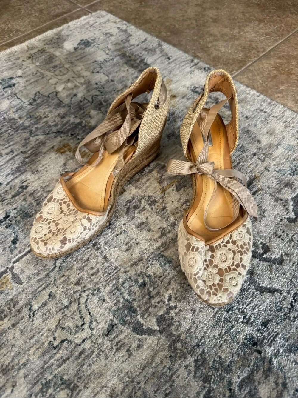 SCHUTZ Beige Lace Espadrille Wedges with Taupe Ankle Tie